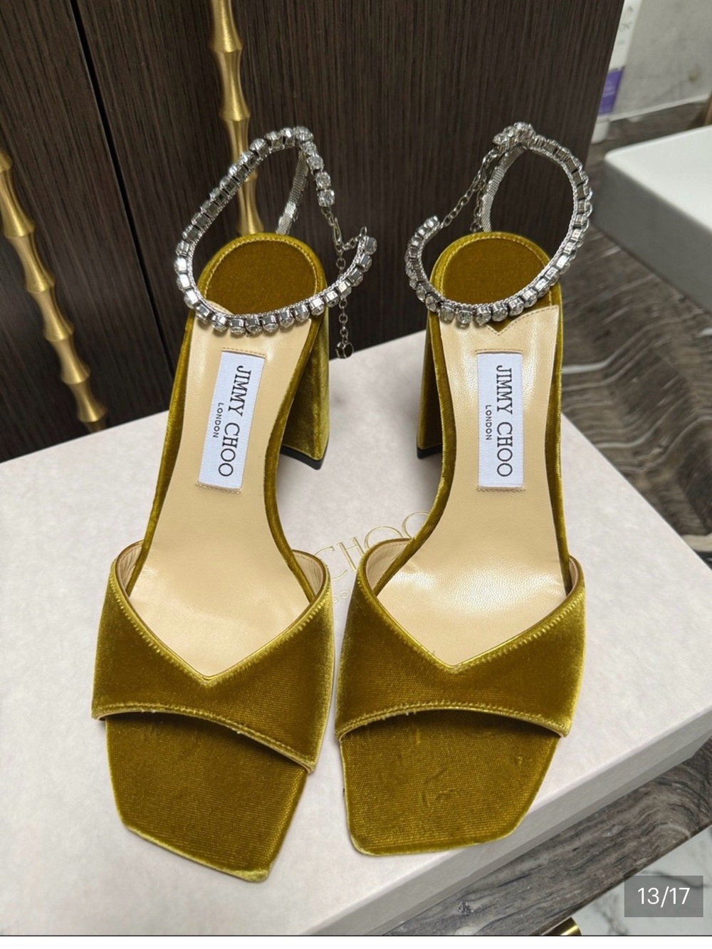 Jimmy Choo Olive Green Velvet Crystal-Ankle Strap Block Heels